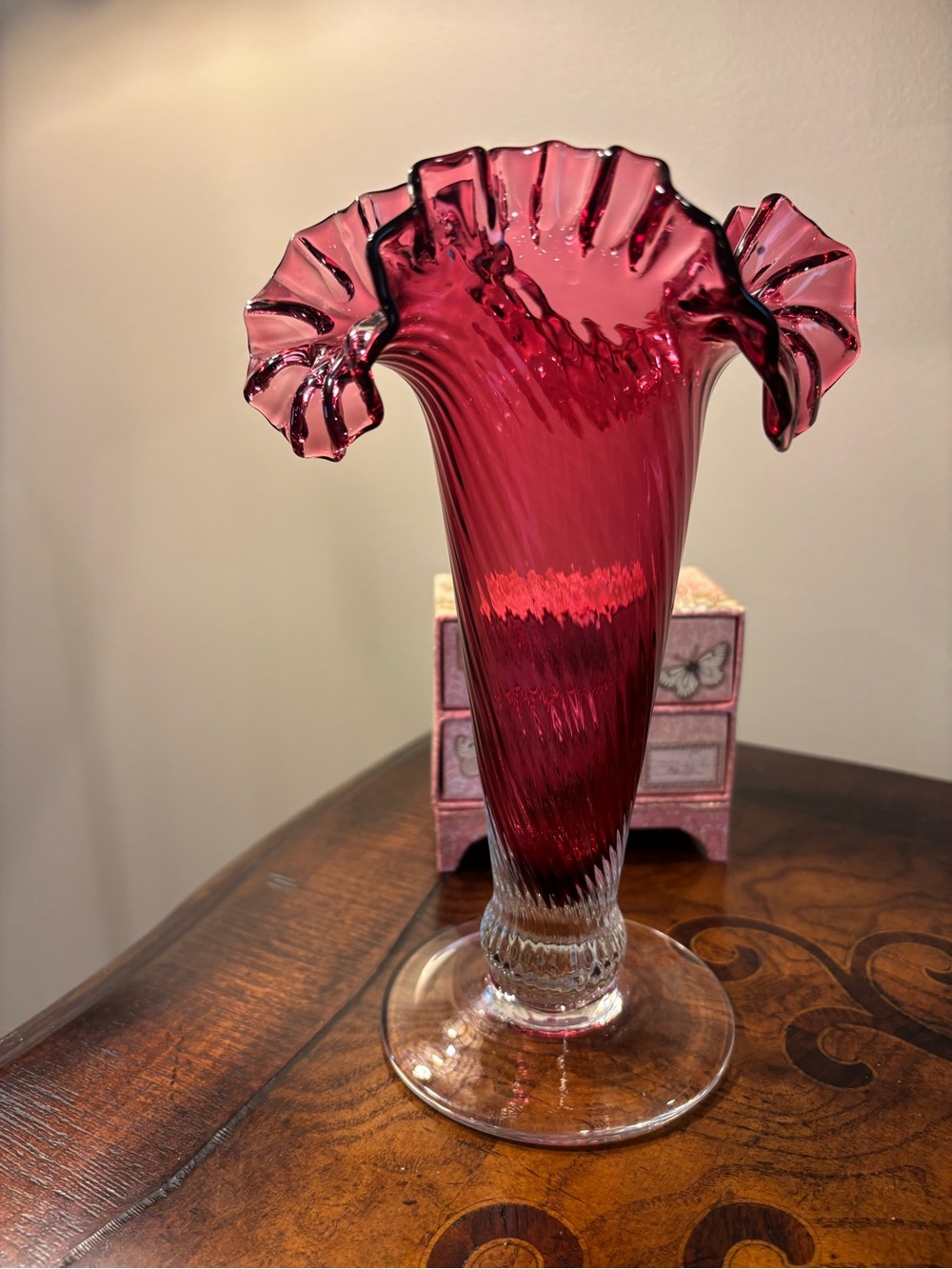 Ruffled Cranberry Glass Trumpet Vase